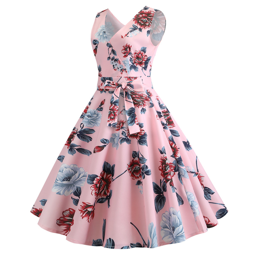 #jy13721 Kawaii Pink Flora Printing V-neck Sleeveless Women's Causal Dresses