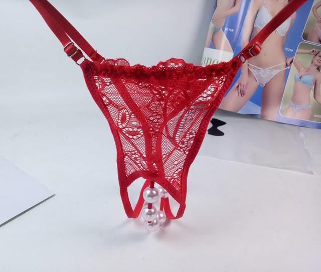 Sexy Women's Intimate Lace Transparent Crotchless Pearl Thongs